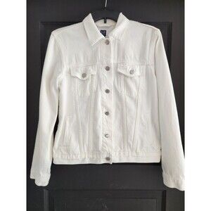 Gap Womens Optic White Denim Jacket Medium Long Sleeved Pockets Classic Y2K